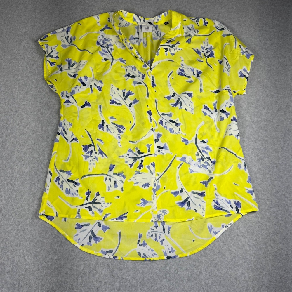 Cabi Yellow Floral V-Neck Short Sleeve Blouse Top 5213 Medium